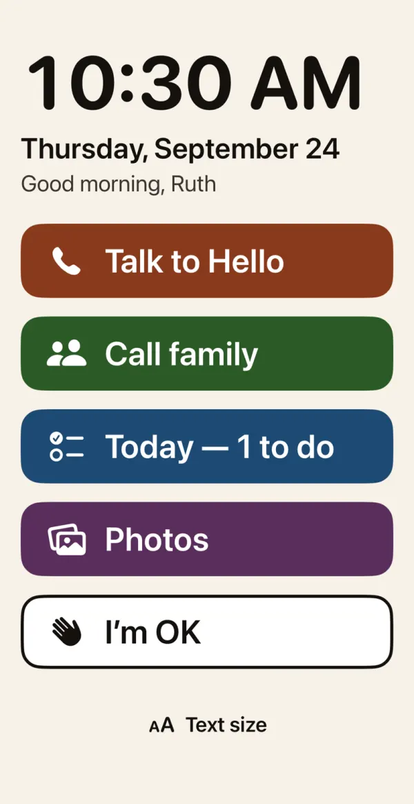 The Parent app’s home screen with large buttons: Talk to Hello, Call family, Today, Photos and I’m OK.