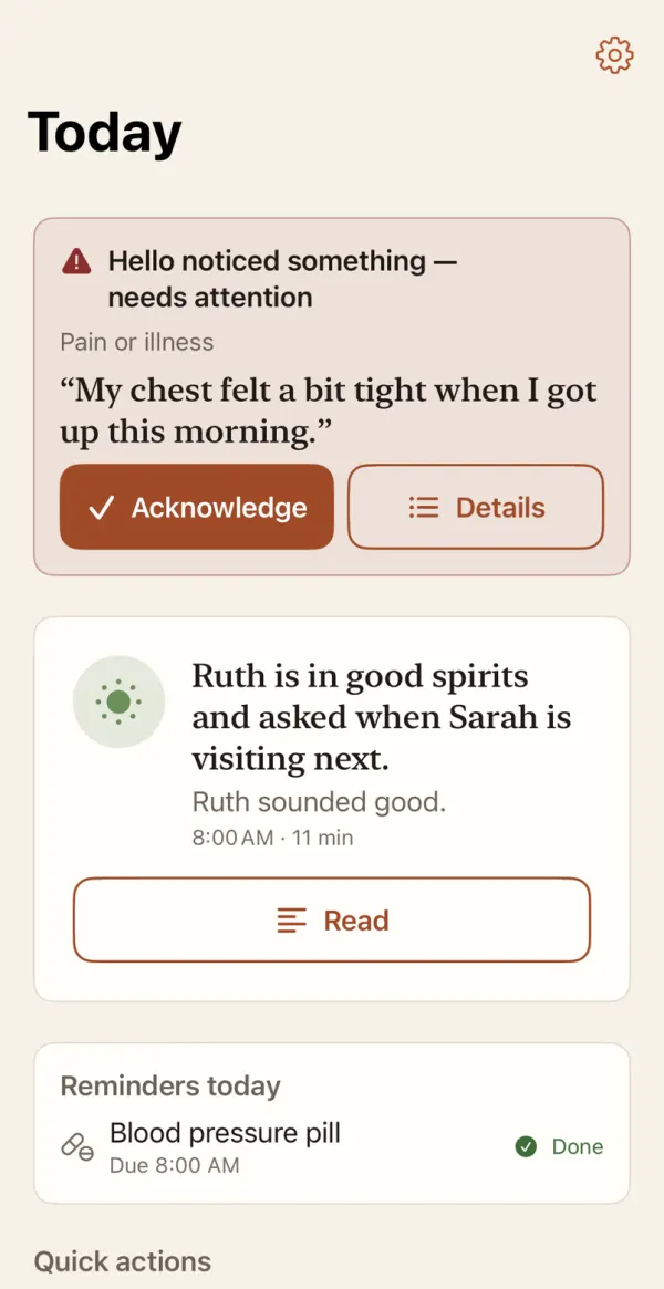 The Hello app’s Today screen: an alert quoting Ruth saying her chest felt tight, a summary that Ruth is in good spirits, and her blood pressure pill marked done.
